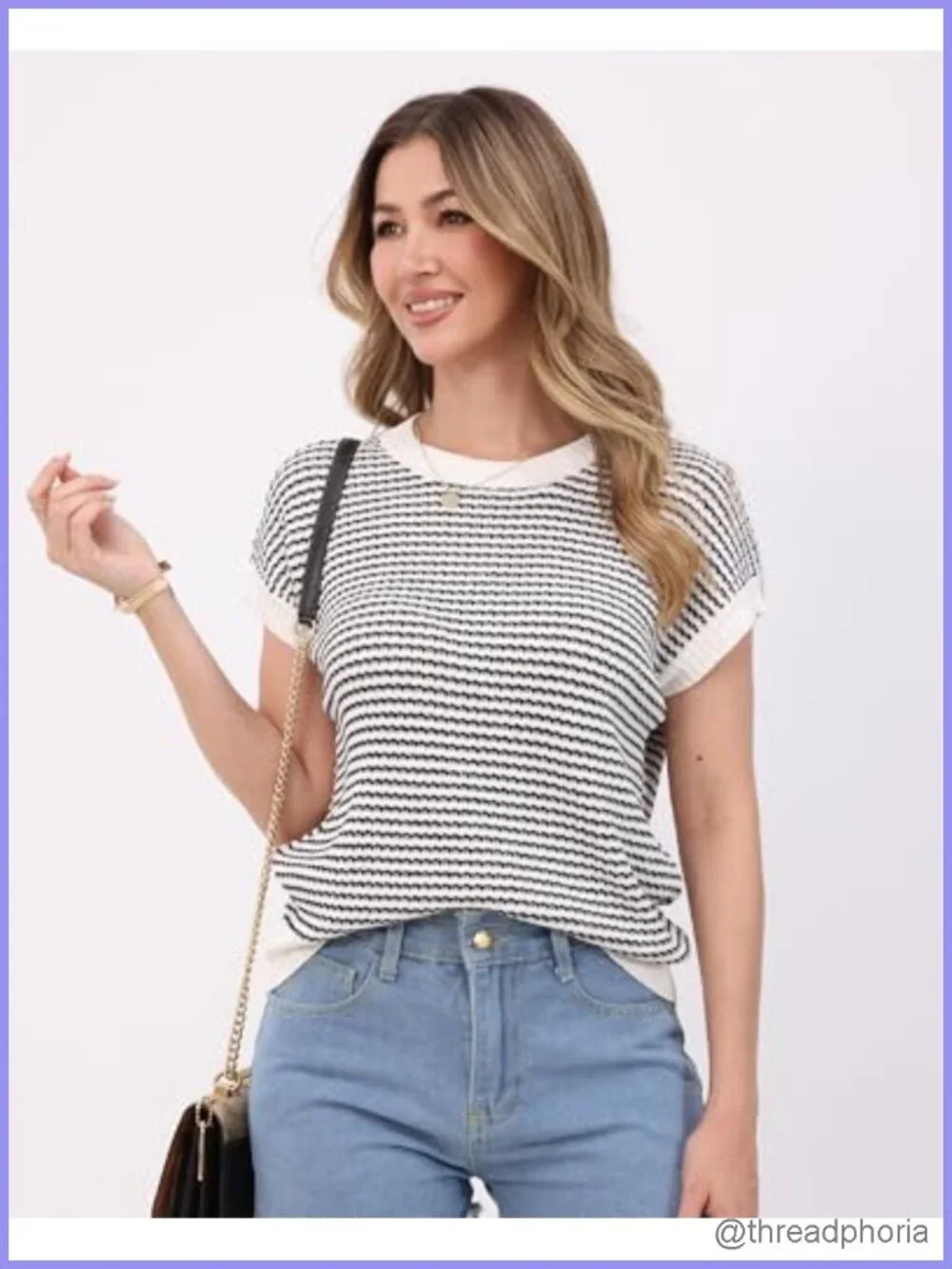 Women's Lightweight Knit Pullover Sweater Vest Crew Neck Short Sleeve Striped